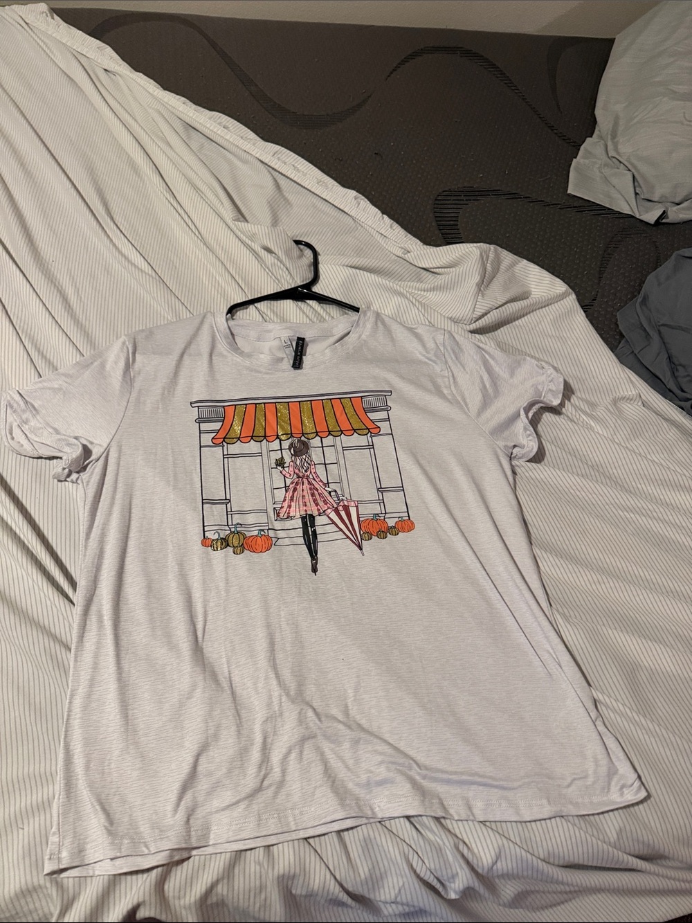 Women's White Graphic Blouse with Fall Shop Illustration